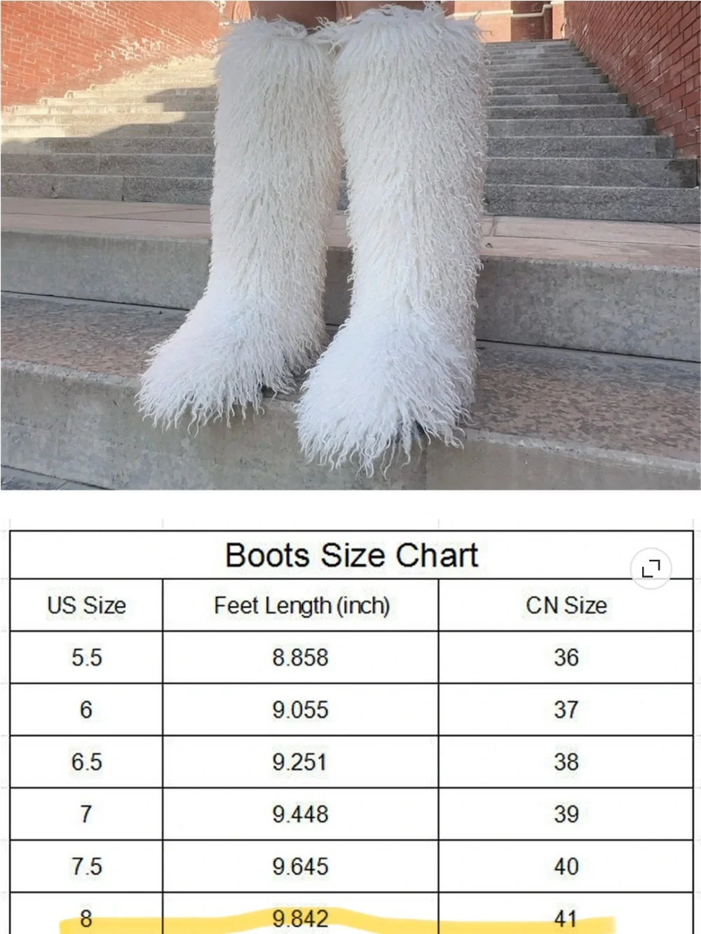 White Long Shaggy Fur Knee-High Boots size 8 fuzzy furry boots New